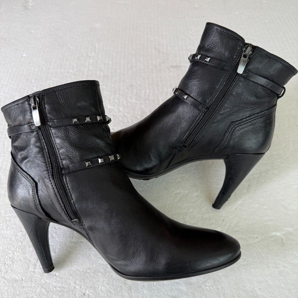 Size 40 / 9 - 9.5 - Ecco Shape Stiletto 75 Sleek Black Leather Booties Studded - Picture 3 of 10